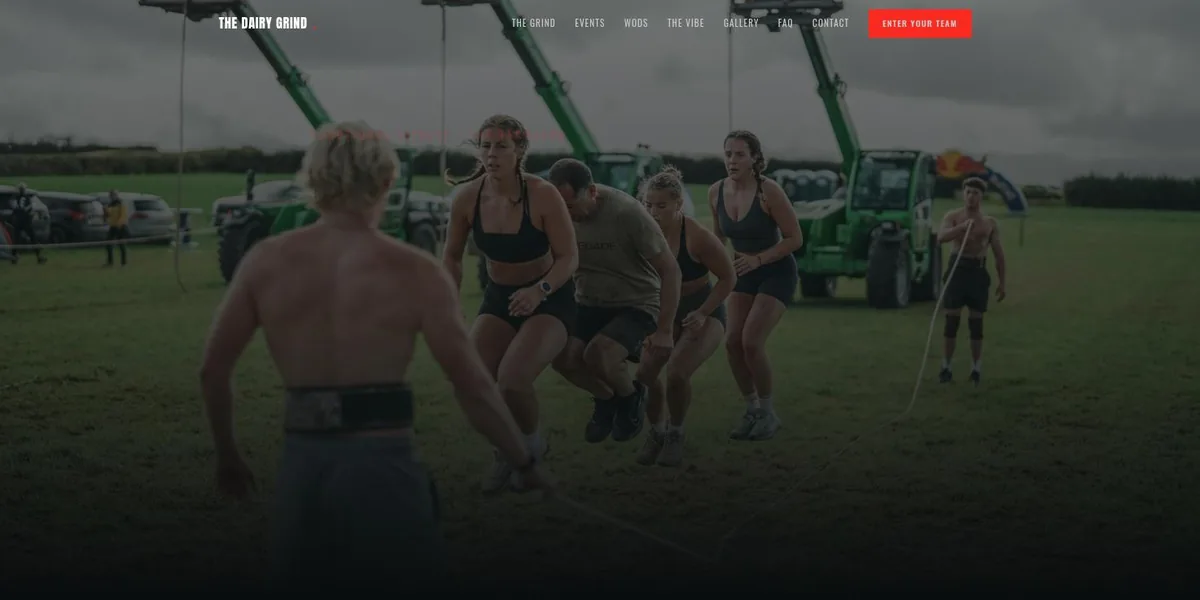 The Dairy Grind homepage, showing athletes skipping in a Cornish field.