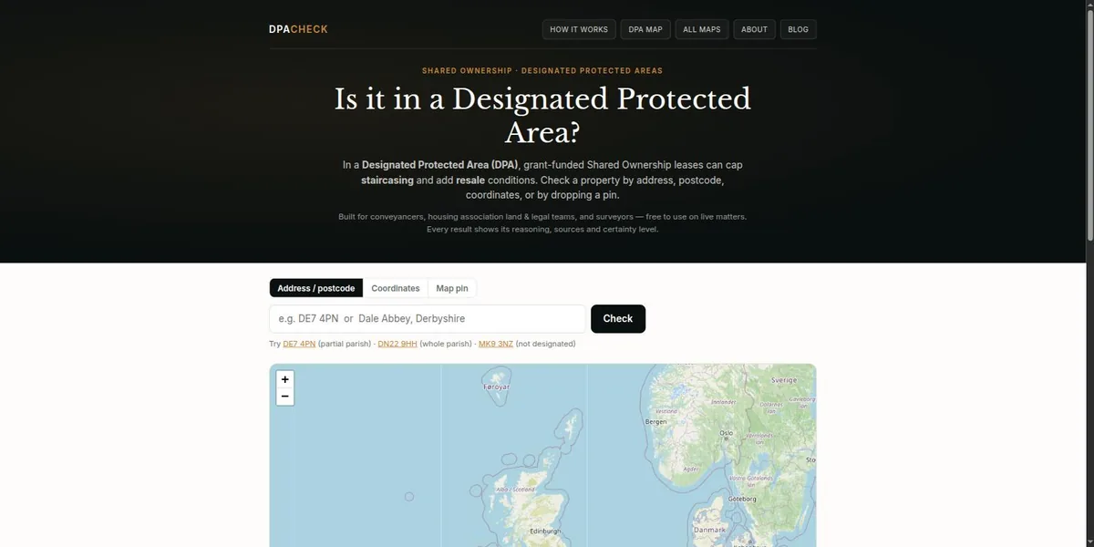 The DPA Check homepage, showing the address search and a national map of designated areas.