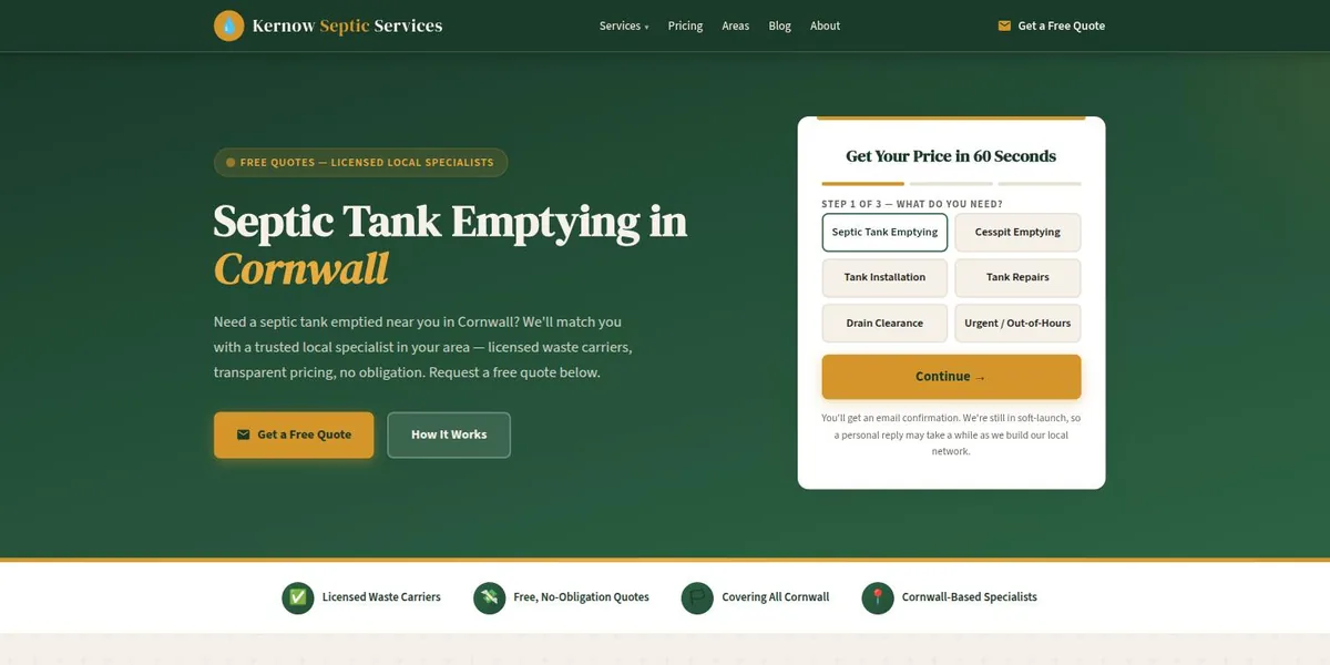 One of the Cornwall trade sites, showing a hero image and a three-step quote form.
