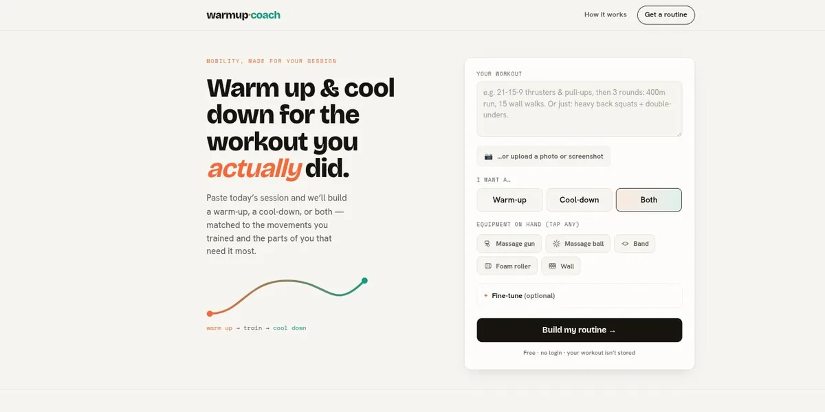 The Warmup Coach homepage, showing the workout input box and equipment selector.